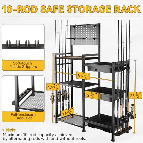 SOYEEZE Fishing Rod Holders for Garage, 3 Storage Boxes for Reels & Fishing Accessories, 10 Rod Capacity Fishing Pole Holder with Pegboard, and 3-Tier Shelf for Tackle Box, Fishing Gear Organizer