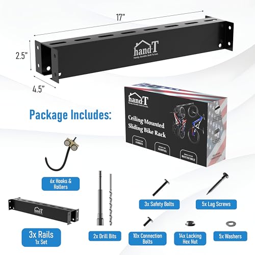 USA Based Ceiling Bike Rack Garage Storage Mount, Bicycle Hanger For Up To 6 Bikes, Sliding 51" Heavy Duty Hook Racks With Padded Hanging Mounts, Hooks Hangers (Black, 3 Rails - 6 Hooks)