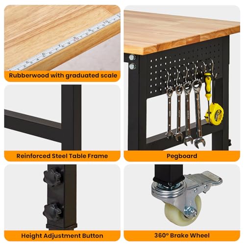 48" Adjustable Workbench, 8-Level Height Adjustable Rolling Work Table with Casters & Scale, Sit & Stand 2-in-1 Garage Tool Table with Pegboard & Hooks, for Workshop, Warehouse, DIY Projects