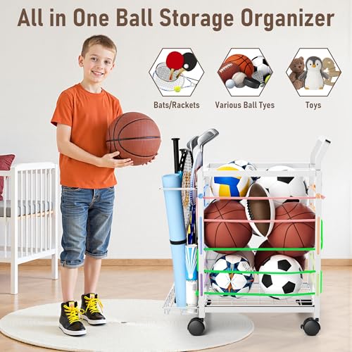 DUDUXI Sports Equipment Garage Organizer,Garage Ball Storage Rack for Sports with Wheels-Upgraded Sports Organizer Rack Outdoor Basketball Racks for Balls with Holder and Hooks (White)