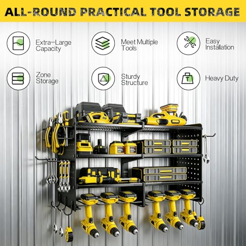Power Tool Organizer Wall Mount, 4 Tier Heavy Duty Tool Storage Rack, 400 LBS Capacity with Drill Tools Holder & Hooks, Tool Organizers and Storage for Garage, Warehouse, Workshop, Gifts for Men