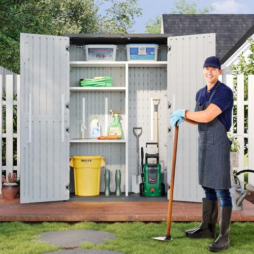 Aoxun Outdoor Resin Storage Shed with Metal Shelving Kit & Floor, 64 Cu.Ft Vertical Waterproof Storage Cabinet for Garage, Pool, Bike, Garden Tools, Patio Furniture (White)