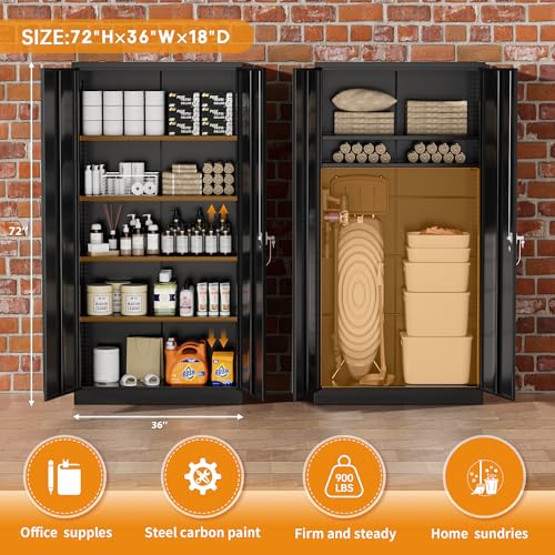 Greenvelly Steel SnapIt Storage Cabinet, 72" Locking Metal Garage Storage Cabinet with 4 Adjustable Shelves, 2 Doors and Lock for File, Office, Garage, Home (Black)
