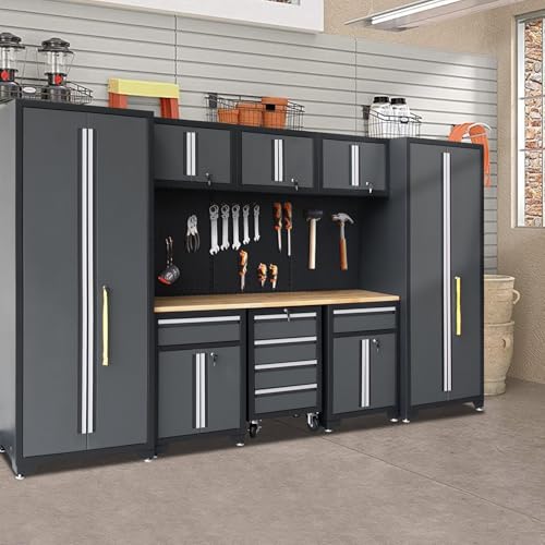 HPDMC Garage Storage Cabinet System 9-Pcs Workshop Set Garage Cabinets and Storage System with Steel Cabinet Drawers, Rolling Chest, Workbench, Pegboard for Garage Tool Organization, Black