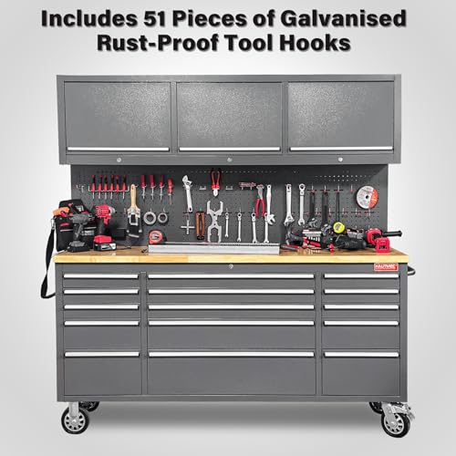 HAUTMEC 72" Rolling Tool Chest, Heavy-Duty Tool Cabinet with Wheels, Garage Workbench with 15 Drawers, 3 Upper Cabinets, Pegboard & 51 Hooks, Oak Worktop & Power Strip – HT0428