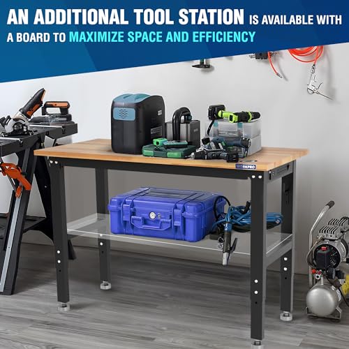 WORKPRO Adjustable Garage Workbench, 48"x22" Rubber Wood Top Heavy-Duty Work Desk with Power Outlets, Leveling Foot, 5 Heights, 1500 LBS Load Capacity Work Benches for Garage, Workshop
