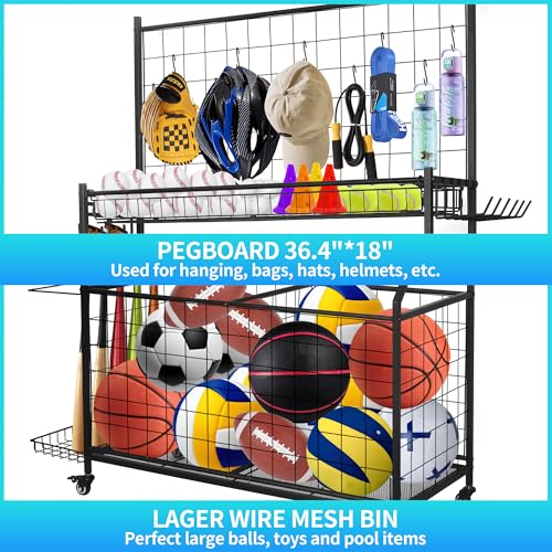 Rumizira Sports Equipment Organizer,Garage Ball Storage Rack with Basketball Rack with Hooks and Rolling Wheels Cart (BLACK)