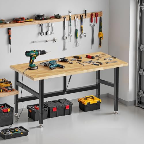 MUWOOD 48”Folding Workbench, 2000 LBS Capacity Heavy Duty Workbench, Height Adjustable Foldable Work Table, Rubberwood Collapsible Desk for Workshop, Garage, Office, Home