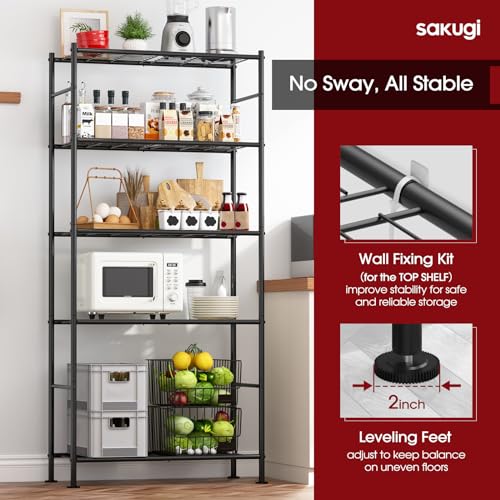 Sakugi Storage Racks - 2 Pack, 5-Tier Freestanding Steel Shelving Units with Reinforced Frame, Adjustable Garage Organization Shelves for Warehouse, Basement, Workshop, 33.5" x 12.6" x 72", Black