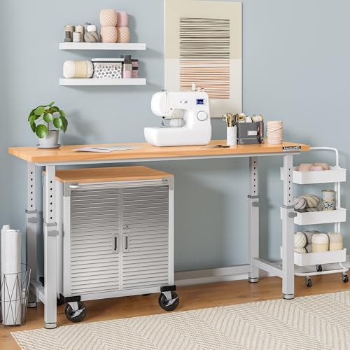 Seville Classics UltraHD Heavy Duty Rolling Cabinet Workbench Table w/Solid Wood Top, Workstation for Garage, Office, Workshop, Granite, 2-Door (28" W x 18" D)