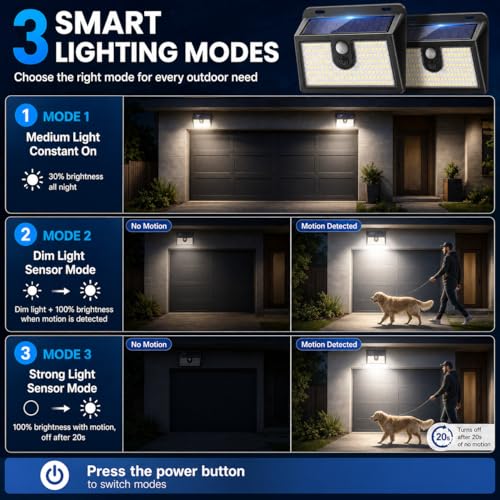 [6 Packs] Solar Motion Sensor Outdoor Lights, Super Bright Solar Lights Outdoor Waterproof, 3 Lighting Modes Security Wall Light for Outside Walking Dog Fence Backyard Deck Garden Door Step Garage