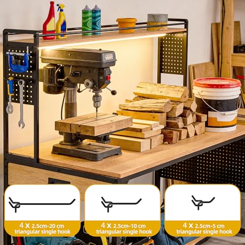 DWVO 59"x31" Adjustable Height Workbench with Pegboard and Storage Shelf, Heavy Duty Work Bench with Wheels, Load 1100lb, Work Table with AC/USB Outlet, LED Light, Hooks, for Garage, Workshop, Home