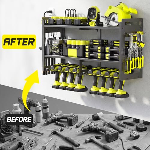 TOPRINCE Large Power Tool Organizer Wall Mount with Charging Station, 3-Tier Heavy Duty Metal Tool Rack with 8 Drill Holders and 6FT Power Strip, Garage Workshop Storage.Black