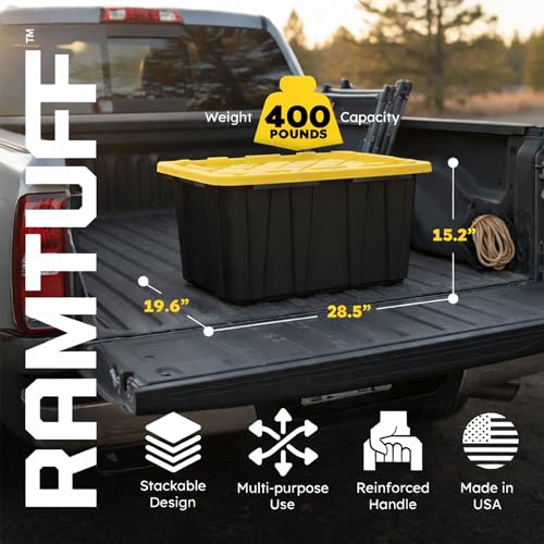 Ramtuff 6 Pack Heavy Duty Stackable Storage Container with Snap-Tight Lid, Resistant To Weather Organization Tote, 27 Gallon, Black and Yellow