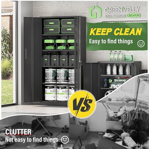 Greenvelly Metal Storage Cabinet, 72" Black Steel Garage Cabinet with Doors and Adjustable Shelves, Metal Cabinet with Lock,Garage Cabinets and Storage System for Garage,Home Office,School