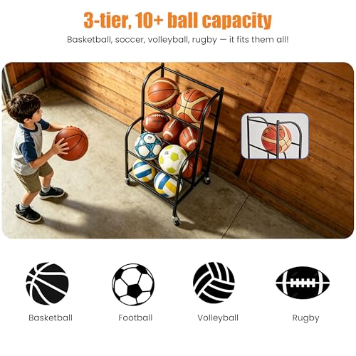 ShelfElites Basketball Rack with Wheels - Space-Saving Vertical Ball Storage for Basketball, Football, Soccer, Rolling Ball Rack for Garage & Outdoor, Heavy-Duty Ball Holder Organizer