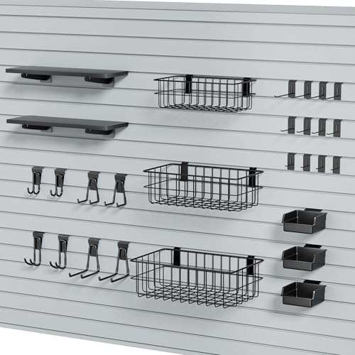 35Pcs Slatwall Accessories Kit, with Slatwall Hooks, Baskets, Shelves, Bins, Heavy Duty Slat Wall Accessory for Garage Organization, Workshop & Utility Room