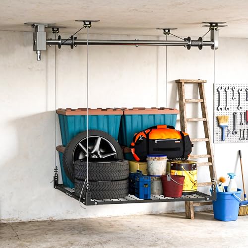 UODENGA Overhead Garage Storage Rack,4x4FT Ceiling Storage Racks with Secure Lock,Garage Storage Lift System for Easy Up Down,Industrial Elevator Lift Holds 400 Lbs