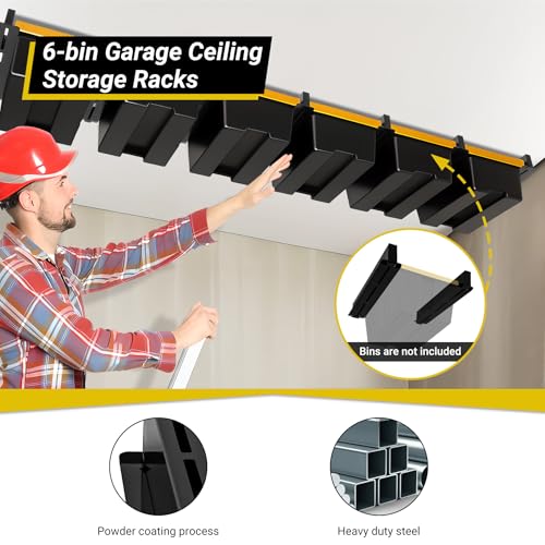 Eastrexon 6-bin Overhead Garage Storage Rack, Ceiling Storage Racks Heavy Duty, Powder Coated Tote Storage Rack for Garages, Sheds, Storerooms (7 PCS, for 6 Bins)