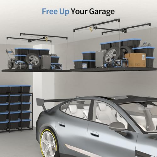 Overhead Garage Storage Rack – 4x8 FT Garage Ceiling Storage Racks with Safety Lock, Heavy-Duty Ceiling Mounted Lift System and Storage Organizer, Ideal for Maximizing Overhead Space, 325 lbs Capacity