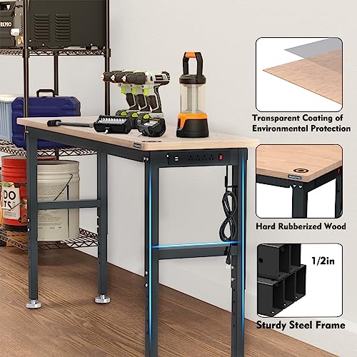 WORKPRO 72" Adjustable Workbench, 3000 LBS Load Capacity Hardwood Garage Workbench with Power Outlets, Rubberwood Top Heavy-Duty Workstation for Workshop, Garage, Home