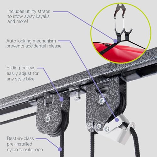 Bike Hoist Pro Ceiling Bike Rack by Delta Cycle (2-Pack) - Pre-Assembled Bike Hangers for Garage Holds Up to 100 lbs - Auto-Locking - Fully Adjustable for Any Bicycle, Kayak Hoist, Or Canoe Hoist
