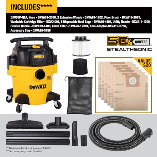 DEWALT Stealthsonic Shop Vacuum Wet and Dry, 5 Gal 4 HP Ultra-Quiet Vacuum Cleaner with Complete Accessory Kit and 6 Bonus Dust Bages - Ideal for Home, Jobsite, Workshop, Garage, Car DXV05P-QTA