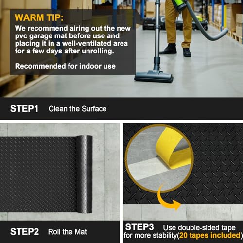 7.5x25 FT Garage Floor Mat, 2.8mm Thickened Flooring Roll Under Car Mat with 20Pcs Tapes, Diamond Plate, Non-Slip Floor Protector Mat for Trailer, Garage, Warehouse, Gyms, Trailer, Matte Black