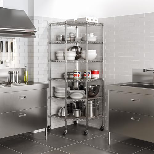 Seville Classics UltraDurable Commercial-Grade 6-Tier NSF-Certified Corner Steel Wire Shelving with Wheels, 28" W x 28" D x 72" H