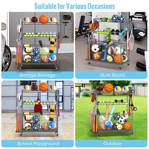 WUC Sports Equipment Garage Organizer - Garage Ball Storage Rack with Basket, Hooks and Rolling Cart for Sports Gear and Toy Storage, Grey