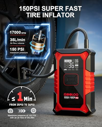 GOOLOO A3 Jump Starter with Air Compressor, 3000A Portable Car Battery Booster (9.0 Gas/6.5L Diesel) with 150PSI Auto-Shutoff Tire Inflator, 12V Supersafe Lithium Jump Box Car Battery Jumper Starter