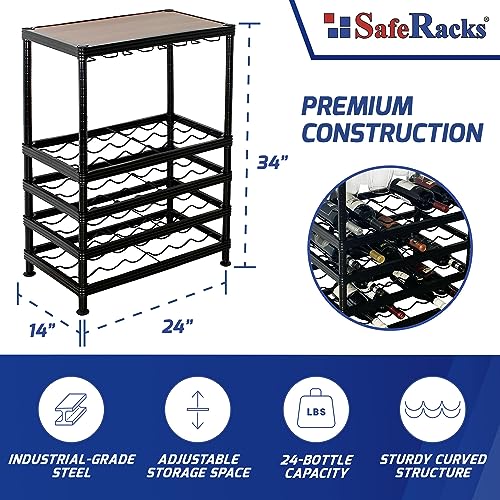 SafeRacks Freestanding Wine Rack with Wood Table Top and Glass Holder, Holds 24 Bottles and 9 Wine Glasses, Adjustable Metal Wine Storage Display Shelves for Kitchen, Bar, Dining Room - Matte Black