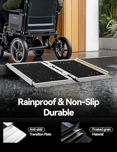FACHNUO 2 Feet Portable Wheelchair Ramp, Non-Skid Aluminum Handicap Ramps with Handle, Folding Threshold Wheel Chair Ramp for Home Steps, Stairs, Entry, Doorways, Applicable Height 2-6 inches