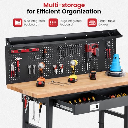 ENJOYWOOD 60" x 22" Heavy Duty Workbench Adjustable Height Garage Work Table with Solid Rubberwood Top, Wheels, Drawers, Pegboards & Power Outlets for Workshop, Home & Office