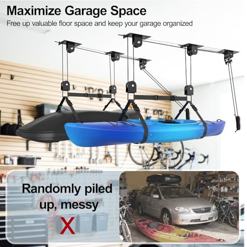 TooTaci Cargo Box Pulley System for Garage, Heavy Duty Ceiling Storage Lift with 3 Metal Pulley Hold Up to 150lbs, Garage Hoist System for Kayak, Roof Box, Ladders, Easy Lift, Fit 10-14 Foot Ceilings