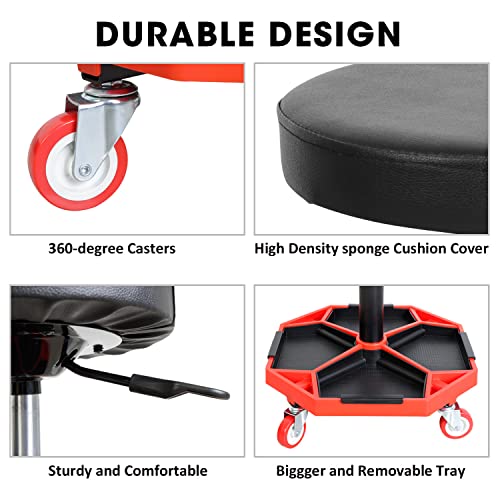 Torin ATRXF8308B Pneumatic Mechanic Stool/Rolling Shop Creeper Seat with Adjustable Height and 4 Removable Tool Trays, 300 lb Capacity, Black/Red