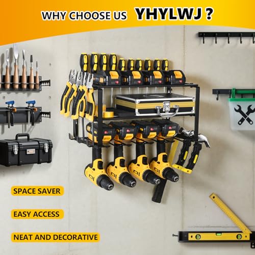 YHYLWJ Wall Mount Power Tool Organizer, 3 Layers Garage Wall Organize with 4 Cordless Drill Holders, Storage Rack for Workshop/Garage, 150Lbs Load Capacity, Heavy Duty Iron, Matte Black