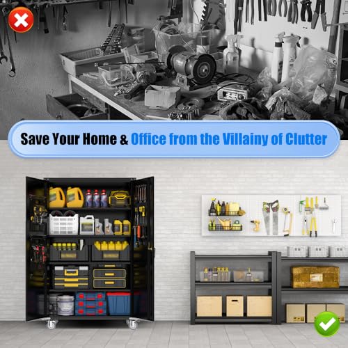 Yeeoy Wide & Deep Metal Garage Storage Cabinet with Pegboard & Adjustable Shelves, Lockable Storage Cabinet with Wheels, Tool Organization Cabinets for Office Garage Shop, 43''W x 22''D x 72''H