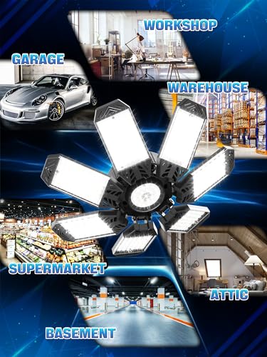 HAPYLUMI LED Garage Light 200W, 2 Pack 20000LM Bright Garage Lights Ceiling Led with 7 Adjustable Panels, 6500K Shop Lighting Screw in E26/E27 Bulb Socket, LED Lights for Shop Barn Basement Bay
