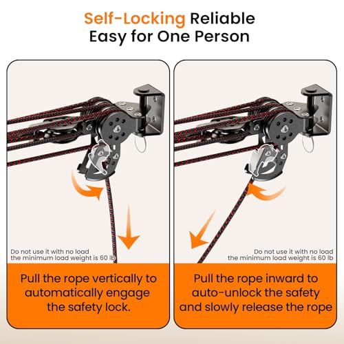 Pacikwest Garage Ceiling Storage Lift System Roof Top Tent Hoist, Heavy Duty Overhead Pulley System for Garage Storage Rack, 4-Point Lift 250lb Capacity, Adjustable Straps Fits 8-16ft Ceiling