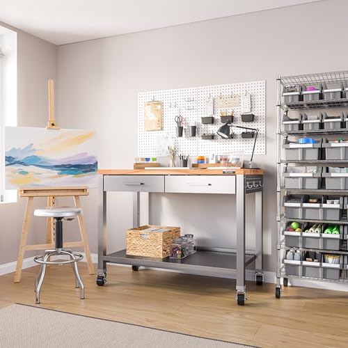 Seville Classics Commercial Work Table Island Utility Cart Prep Station, for Restaurant, Kitchen, Warehouse, Garage, Hotel, Home, Stainless-Steel, Solid Wood Top, 48" W x 24" D