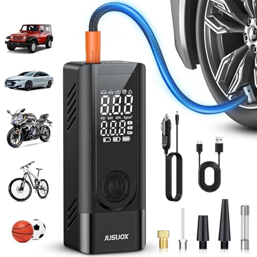 JUSUOX Tire Inflator Portable Air Compressor, Dual Power (Cordless & 12V DC) Air Pump for Car Tires, 150PSI Fast Air Pump for Moto, Bike, Large Capacity Battery, Digital Gauge with Emergency LED Light