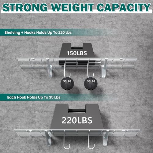 EVERHANGER Garage Wall Shelves, 12 X 48 Inch Wall Mounted Storage Shelves, Heavy Duty Metal Shelving with Hooks, 2 Pack, White