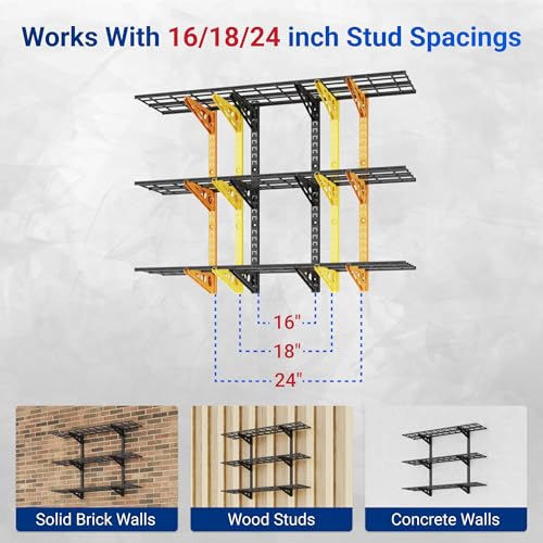 FLEXIMOUNTS 3-Tier 1x4ft Garage Storage Wall Shelving, 12x48inch per Shelf Height Adjustable Floating Shelves, Heavy Duty Wall Mounted Shelve, 600lbs Weight Capacity, Black, Classic Series