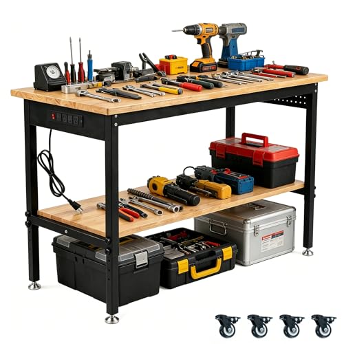 48/60/70 Inch Adjustable Workbench with Power Outlet Heavy Duty 2500 LBS Load Capacity Hardwood Work Table for Garage 6 Level Height Adjustable Workshop Bench with Wheels (60"x24"Double-Layer)