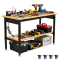 48/60/70 Inch Adjustable Workbench with Power Outlet Heavy Duty 2500 LBS Load Capacity Hardwood Work Table for Garage 6 Level Height Adjustable Workshop Bench with Wheels (60"x24"Double-Layer)
