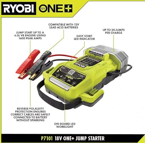 RYOBI ONE+ 18V Cordless 1600A Jump Starter with LED Work Light Kit with 2.0 Ah Battery and Charger