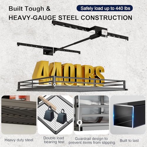 LoJok Garage Ceiling Storage Lift, Manual Overhead Hoist Rack with 5" Safety Railing, 4x4 Ft Heavy Duty Metal Platform, 300 lbs Capacity, Includes Dust Cover & Straps, Black (Triangular Style)