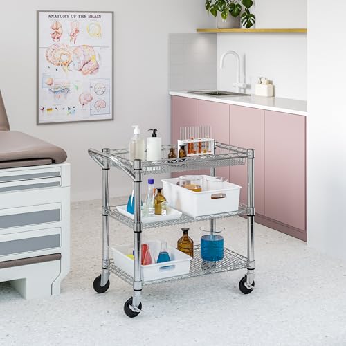 Seville Classics UltraDurable NSF Commercial Heavy Duty Metal Rolling Utility Cart, Handle Bar for Restaurant, Garage, Warehouse, Kitchen, Office, Deep Top Basket (34.8"W x 18.25"D)