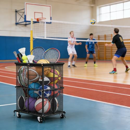 YAHKBTEN Outdoor Ball Storage Rolling Storage Cart with Wheels Sports Equipment Organizer for Garage Save and Storage for Indoor & Outdoor Use, Clothes, Toys, Sports Gear, Black